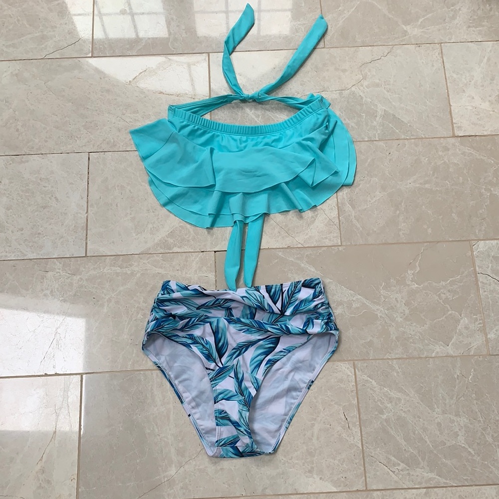SHEIN blue bikini; high waisted palm tree bottoms